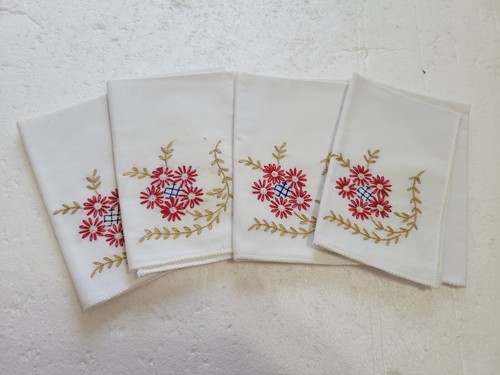 Set/4 Vintage Off White Cotton Linen Napkins Red Gold Hand Embroidered Floral - Picture 3 of 8