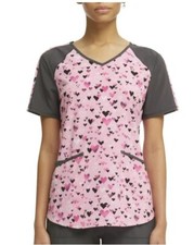 Scrubstar NEW  Womans Printed silky scrub Top size L Pink/black/fuschia hearts