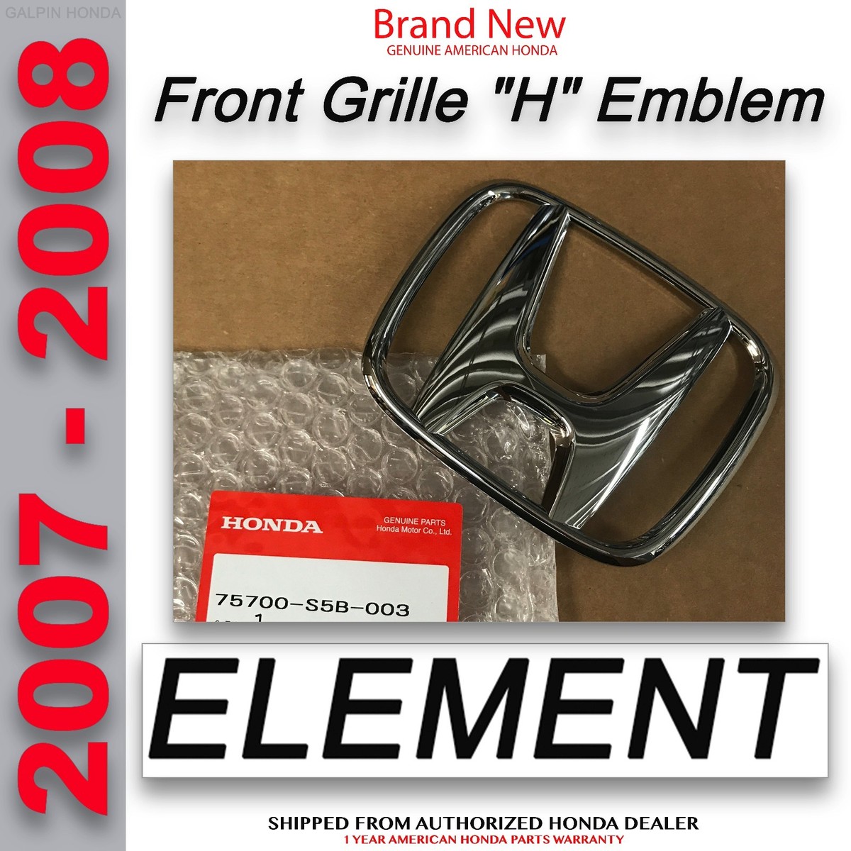 Genuine OEM Honda Element Front Grille H Chrome Emblem (75700-S5B