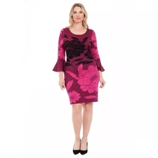 London Times Bell Sleeve Floral Print Sheath Sweater Dress, Berry Floral, Small