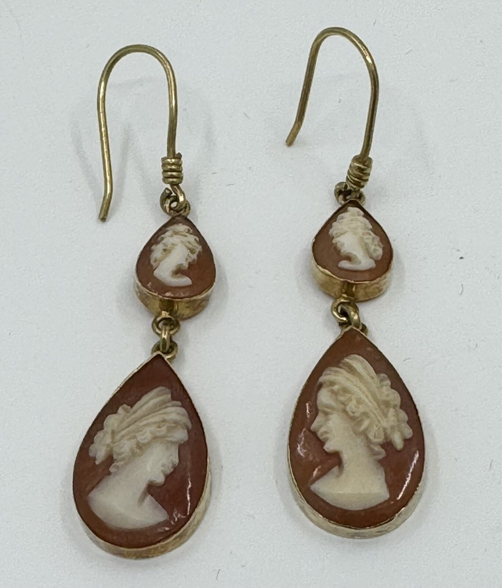 18KY Antique “Sisters” Carved Cameo Dangle Earrings