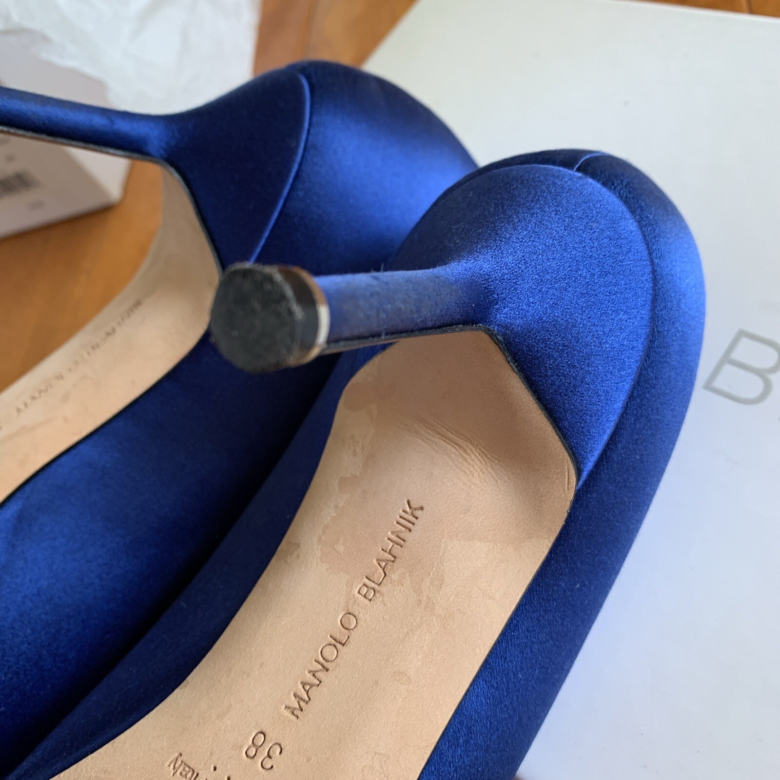 Manolo Blahnik M 38 7.5-8 Hangisi Blue Satin Ruthenium 70mm Pump Box Crystal US image 8