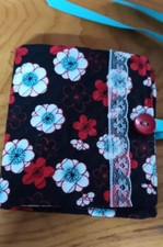 Handmade needle book Black White Red Flower Fabric button 10cm x11cm Lace Trim