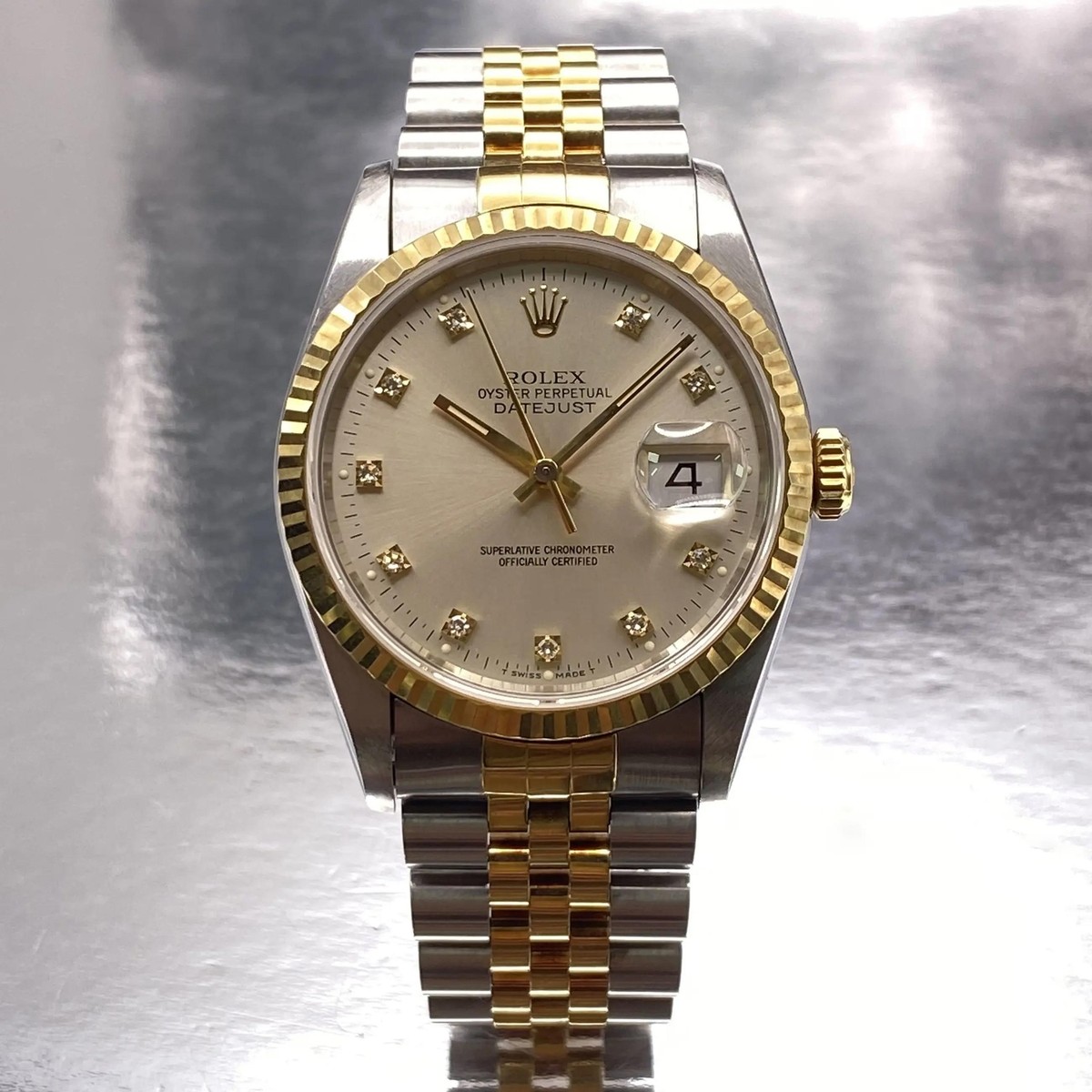 Rolex Datejust 36mm 16233 Yellow Gold Steel Diamond Silver Dial Automatic  Watch
