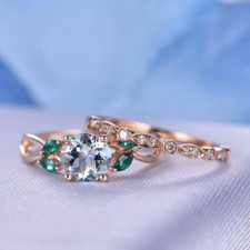 1.5ct Lab-Created Blue Aquamarine Engagement Ring Bridal Set Rose Gold Plated
