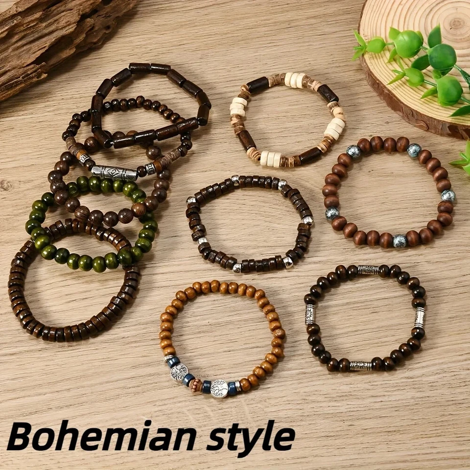 Juego de 10 PIEZAS Pulseras Boho Cuentas para Hombres Madera Árbol de la Vida Joyería en Capas Foto 4 de 4