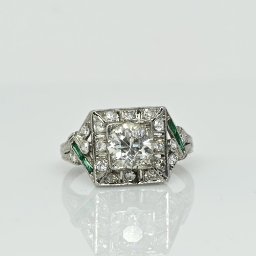 Circa 1920's Art Deco Platinum 1.26 Ct GIA Certified Diamond and Emerald Ring
