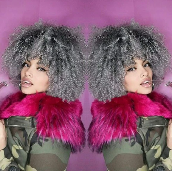 Peluca rizada afro gris ombre con flequillo sintético para mujer moda fiesta Foto 2 de 4