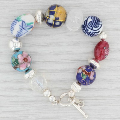 Neu Perlen Statement Armband Sterlingsilber Glas Keramik Cloisenne 7,25''