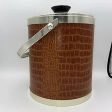 Vintage MCM KROMEX Chrome Brown Orange Faux Alligator Ice Bucket W/ Stir Sticks
