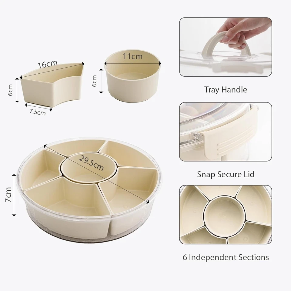 Bandeja de aperitivos dividida con tapa y asas - redonda, 6 compartimentos, caja fuerte para congelador Foto 3 de 4