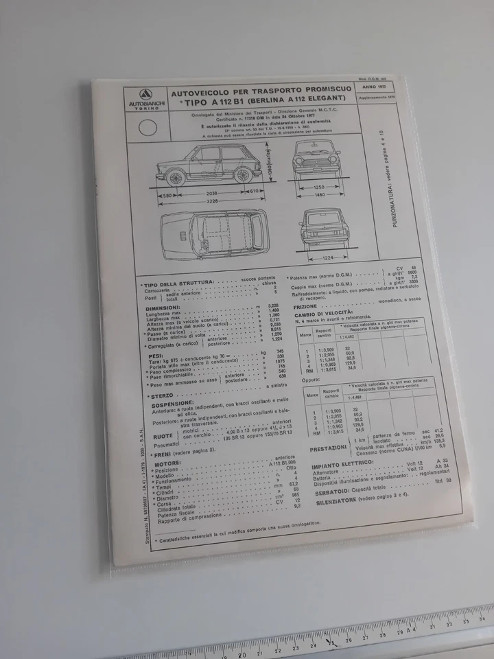 AUTOBIANCHI A112 B1 ELEGANT Scheda omologazione originale 1977 Agg.to 1979 ASI - Immagine 2 di 3