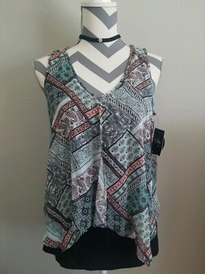 By&By women's Sleeveless Top Sz S Floral Paisley print Overlay black tank Blouse