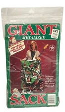 VTG Giant Santa Sack Gift Bag Metallic Green Deers 31 X 47.5  Christmas