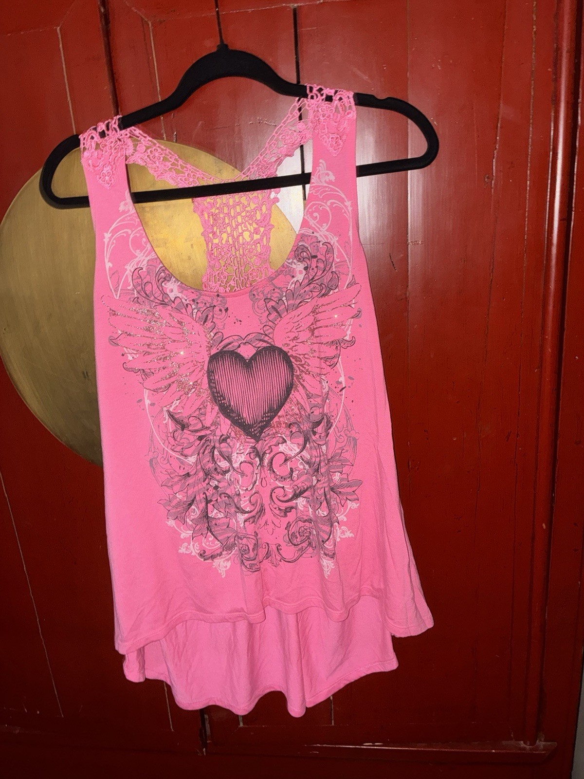 Hybrid Women’s Pink Crochet Racerback Heart Graphic Tank Top Size xl