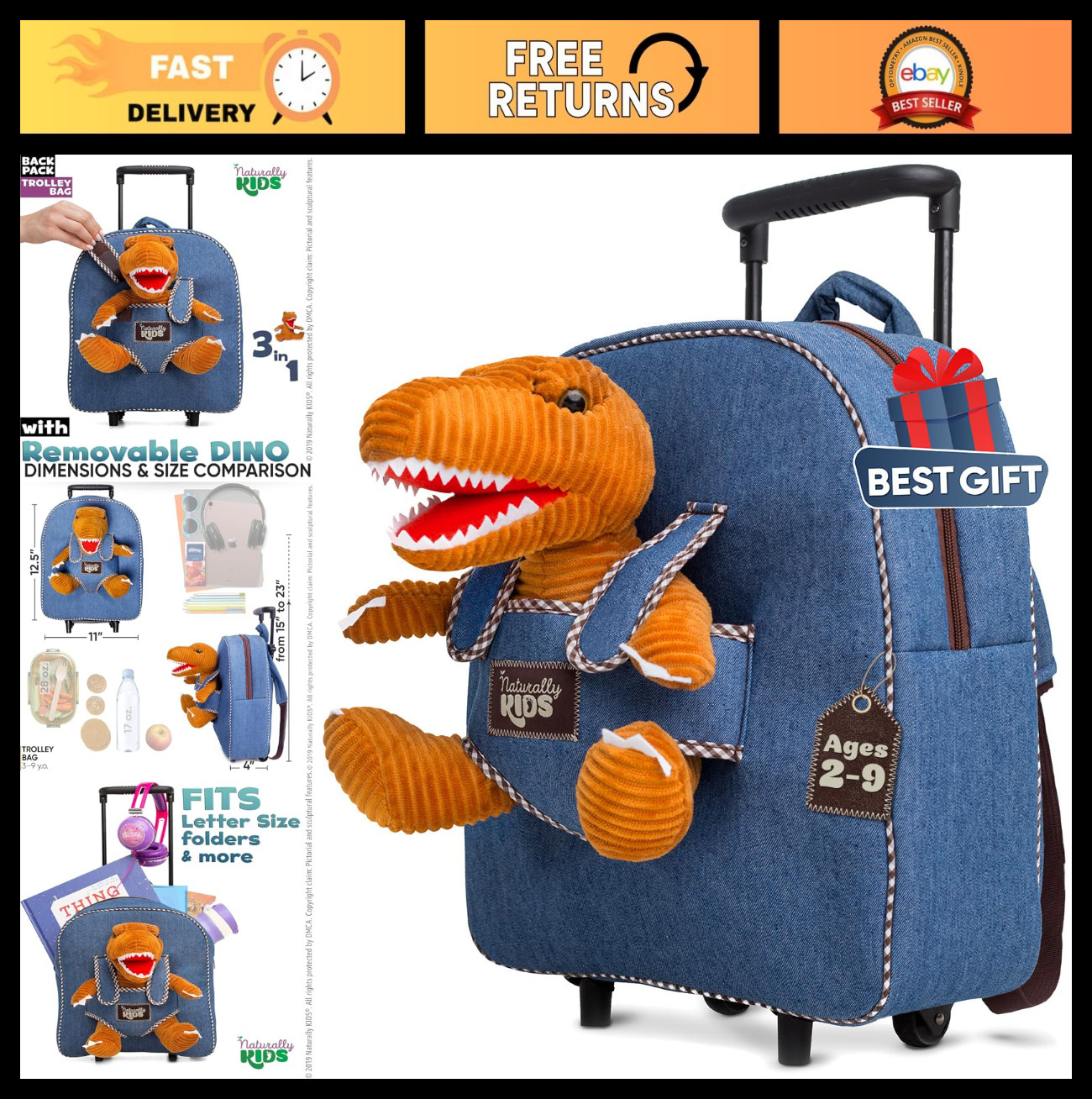 & Rolling Backpack For Boys, Kids Suitcase Gift 3-6y
