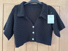 Bellavie Ladies Open Knit Collared Cropped Cardigan One Size BNWT Black