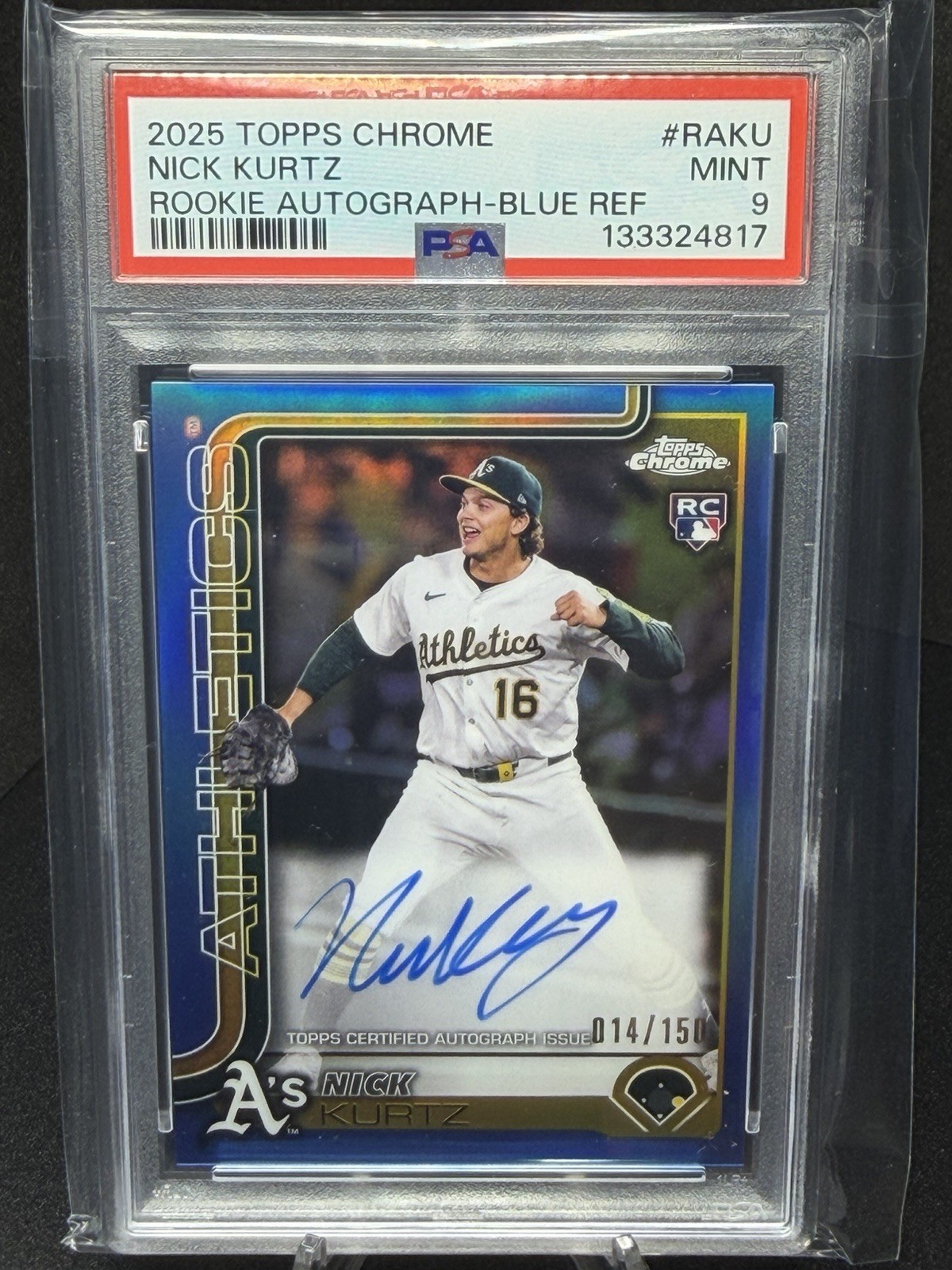 Topps Chrome 2025 Rookie Autographs Nick Kurtz Oakland Blue Refractor /150 PSA 9
