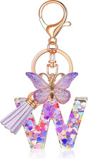 Initial letter Keychains for Women Tassel Butterfly Pink Purple Cute Car Keychai