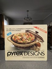 Vintage Pyrex Designs 1.5 Qt Covered Casserole With Rattan Basket NIB
