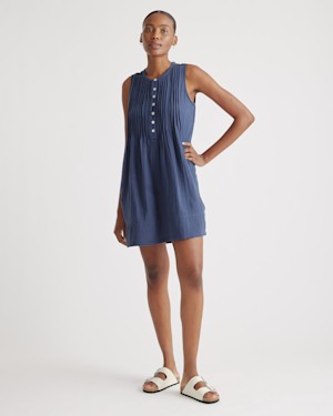 Quince Women 100% Organic Cotton Gauze Sleeveless Swing Dress Blue S