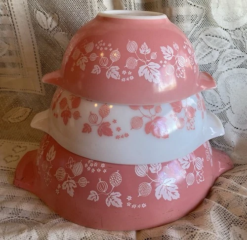 3 Pyrex Pink Gooseberry Cinderella Nesting Mixing Bowls (#442, 443, 444)
