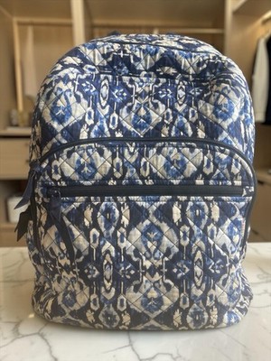Vera Bradley XL Quilted Ikat Backpack Blue White Geometric Pattern Laptop