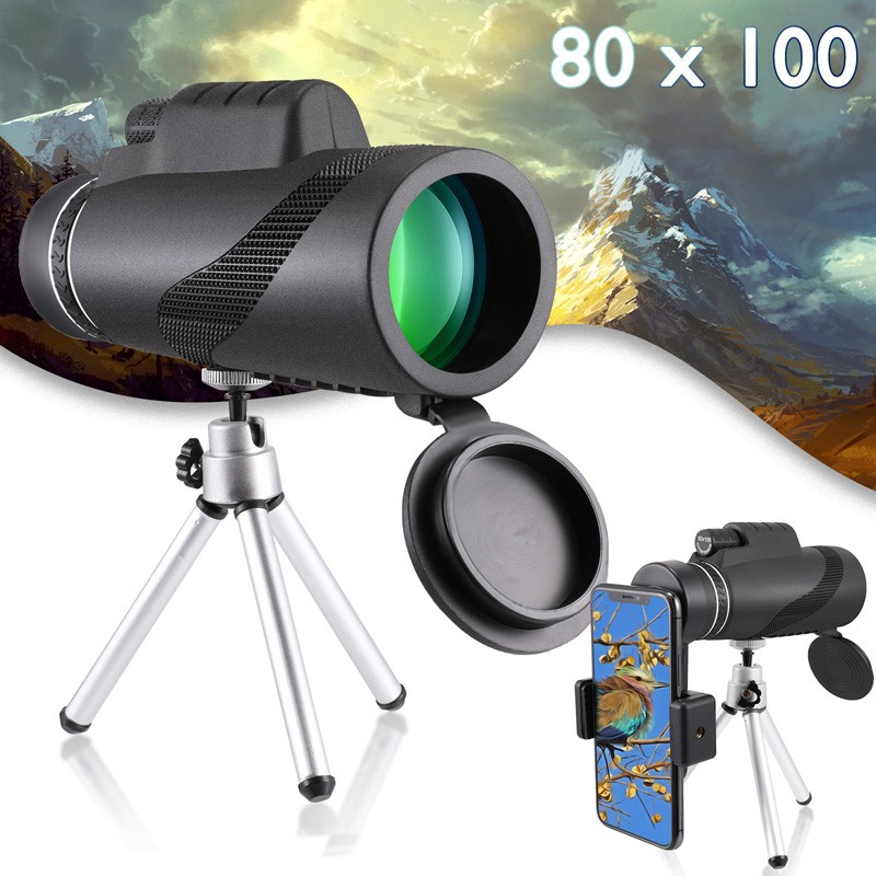 80x100 Monocular Zoom Telescope Low Light Optics with Cell Phone Adapter &Tripod