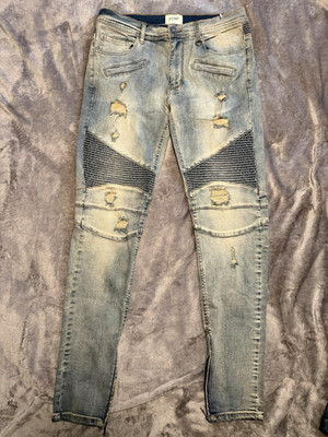 KDNK Men's Skinny Slim Fit Blue Light Wash Distressed Biker Jeans