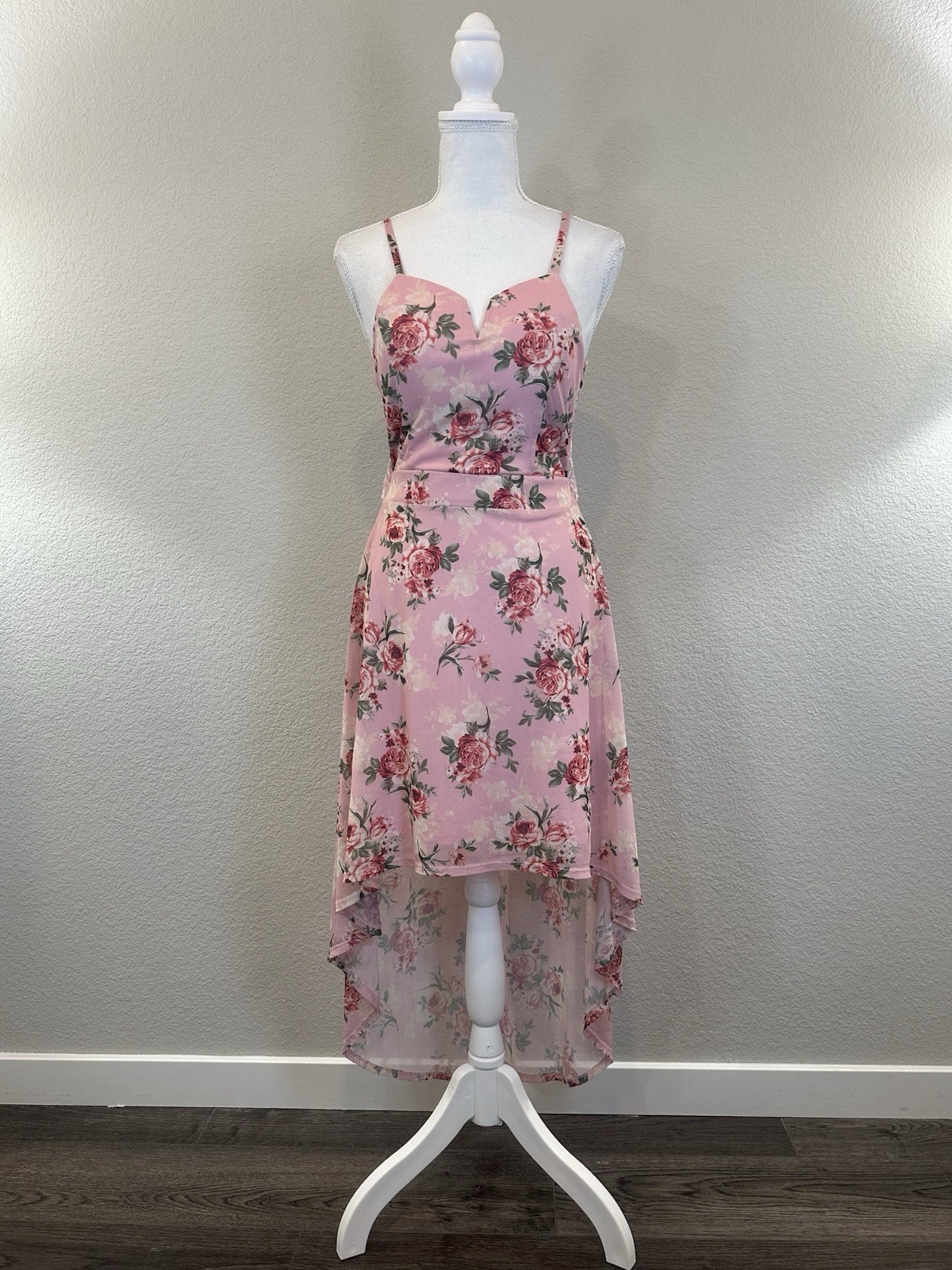 No Boundaries Youth Teens Pink Floral Hi-Low Dress Lace Back - Size M 7-9