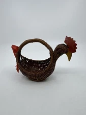 Vintage Chicken Shaped Wicker Trinket Basket Rustic Country Farmhouse Decor