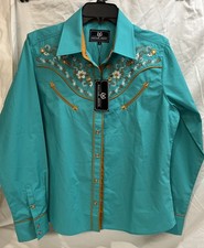 NEW Salvaje Oeste Western Pearl Snap Embroidered Floral Shirt TURQUIOSE MED.