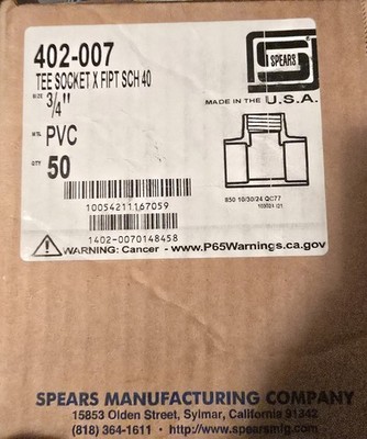 Spears 402-007 3/4'' Tee Socket X FIPT Sch 40 PVC Qty 50