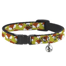 Cat Collar Breakaway with Bell Fox Face Scattered Warm Olive NARROW Fits 8.5-12"