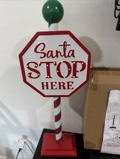 Retro Santa Stops Here Lighted Stop Sign Stand Metal Battery Operated 25" New
