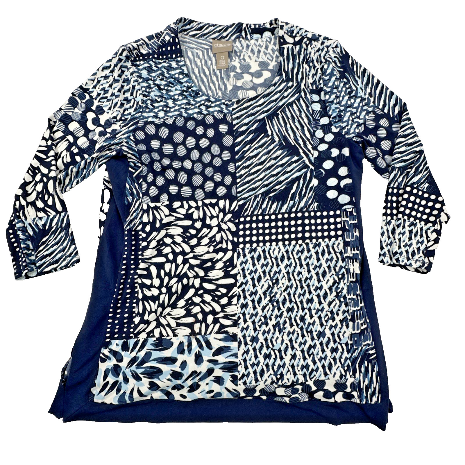 Chico's Abstract Boho Patchwork Navy Blue Blouse.… - image 1