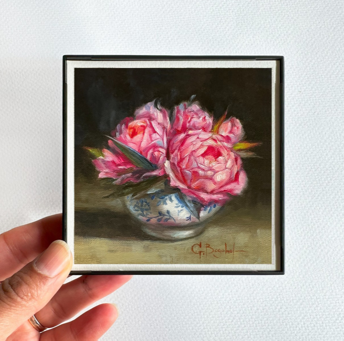 Small Framed Floral Wall Art Peony Print 4x4 Mini Decor Gift Ready Signed