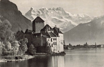 Vintage Montreux Château de Chillon Postcard with Dents du Midi Mountains