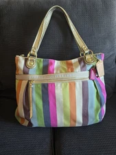 COACH 19021 Poppy Legacy Stripe Sequins Rocker Glam  Shoulder Tote Handbag 