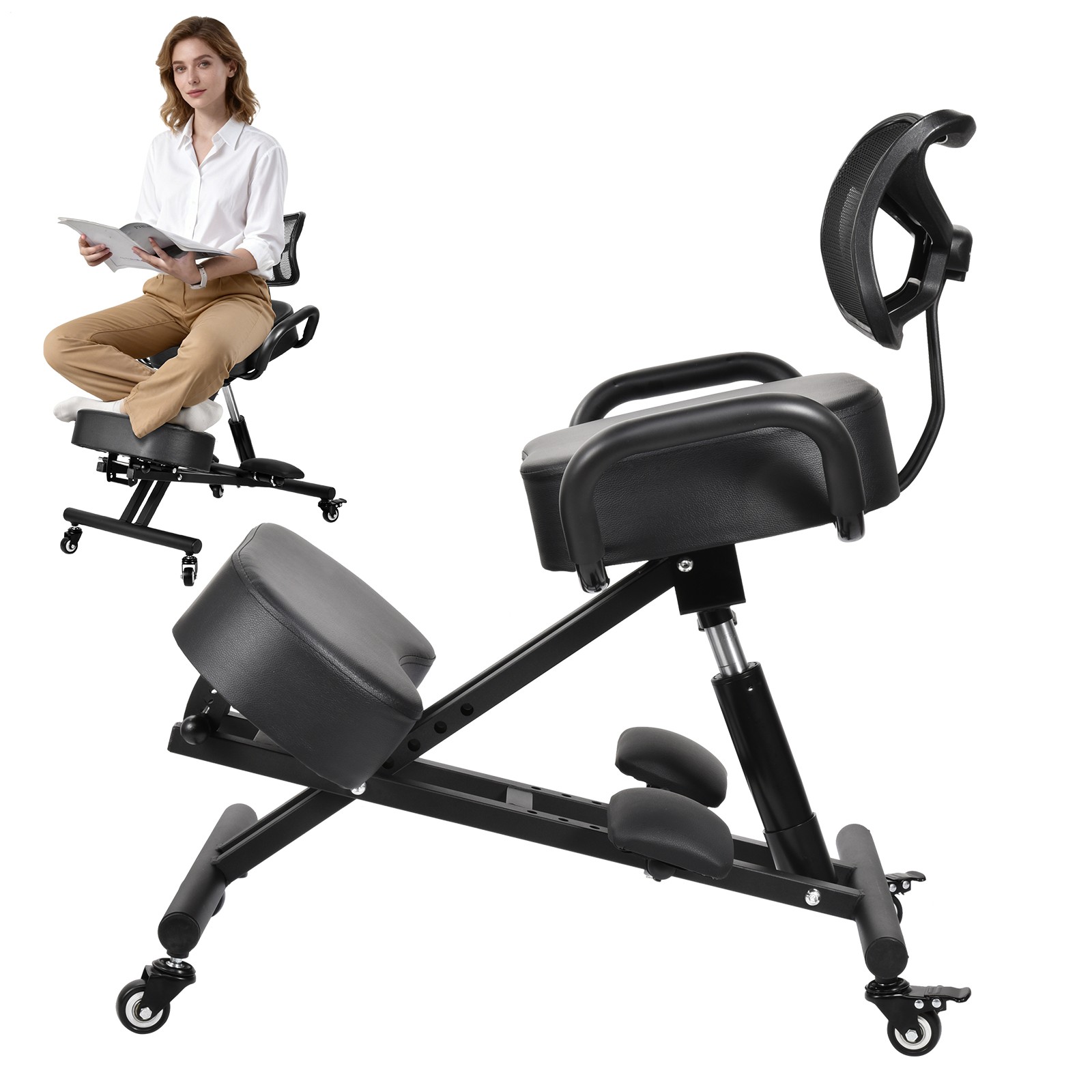 Ergonomic Kneeling Chair with Back Support Adjustable Stool Black Brand New