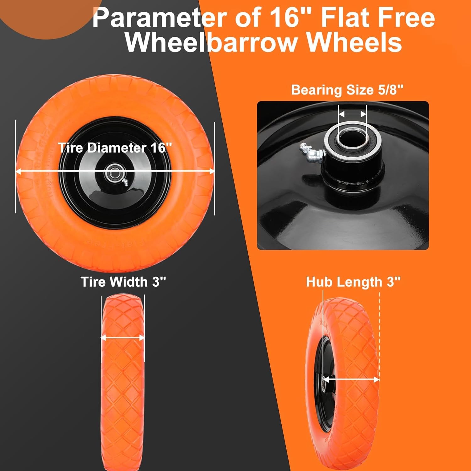 Upgraded 16" Flat Free Wheelbarrow Wheels and Tires, 4.80/4.00-8 Solid Tires