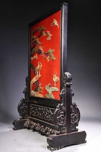 23.6" Old Chinese Dynasty Red Sandalwood Inlay Shoushan Stone Gilt Mirror Screen - Picture 7 of 12
