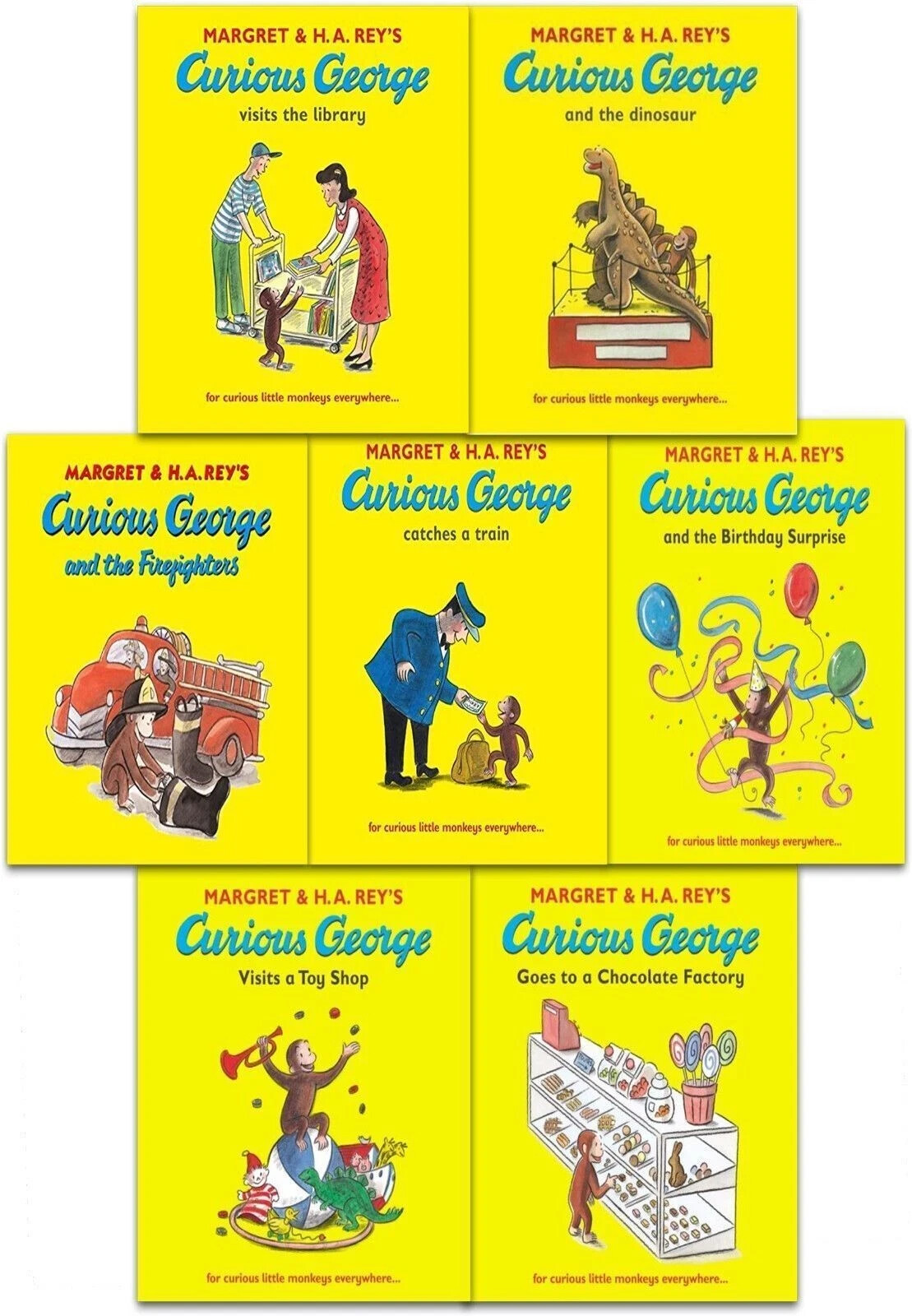 The Curious George Series 7 Books Collection Set by Margret Rey Paperback NEW