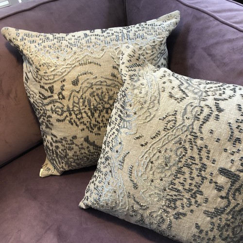 NWT Arhaus Beige Linen 18X18 Pillows w Silver Embroidery + Beading Mandala - Picture 2 of 6