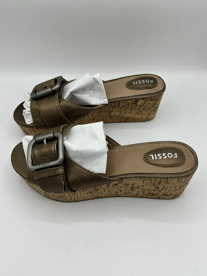 Sandalia de cuña de corcho fósil Y2K de colección hebilla de cuero cobre bronce plataforma deslizable 6,5 Foto 2 de 4