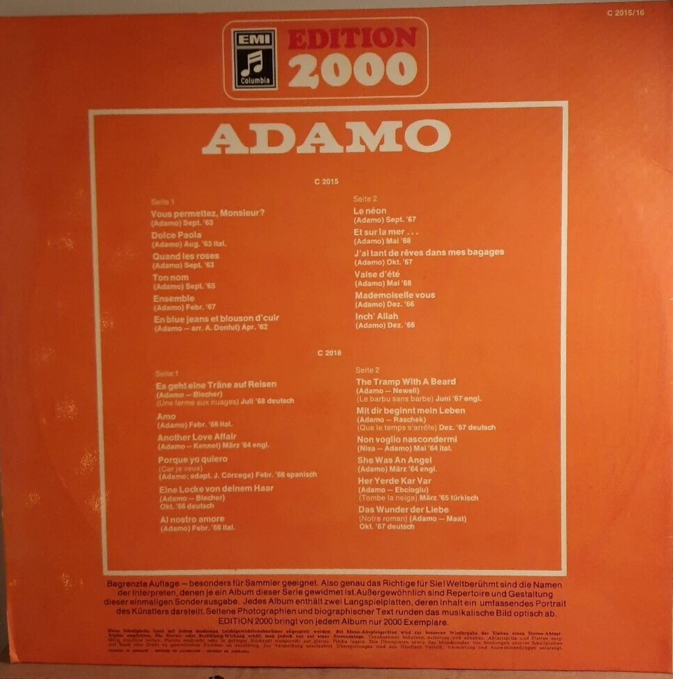 ADAMO-EDITION 2000 (2 x VINYL ALBUM) COMPILATION COLUMBIA C2015/16 VG+/VG IMPORT - Image 2 of 4