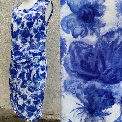 VINTAGE LINDA LEIGH 50 s 60 s BLUE FLORAL PRINT SATIN WIGGLE PENCIL DRESS M 14