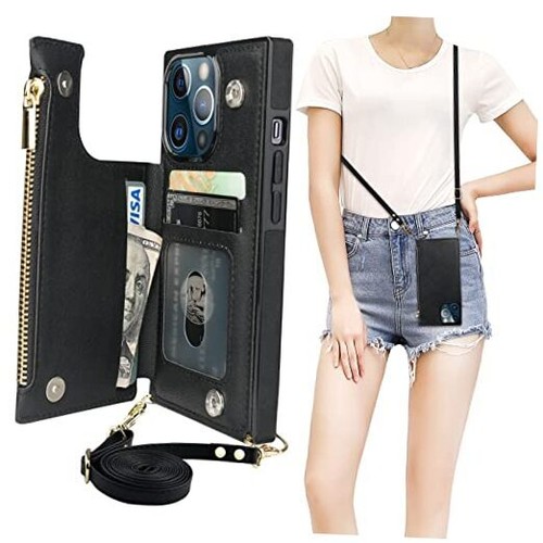 Crossbody Wallet Case for iPhone 13 Pro with RFID Blocking Card Slot Black