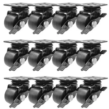 12 Pack 1.5" Low Profile Black w/ Brake Heavy Duty Polyurethane Casters Wheels