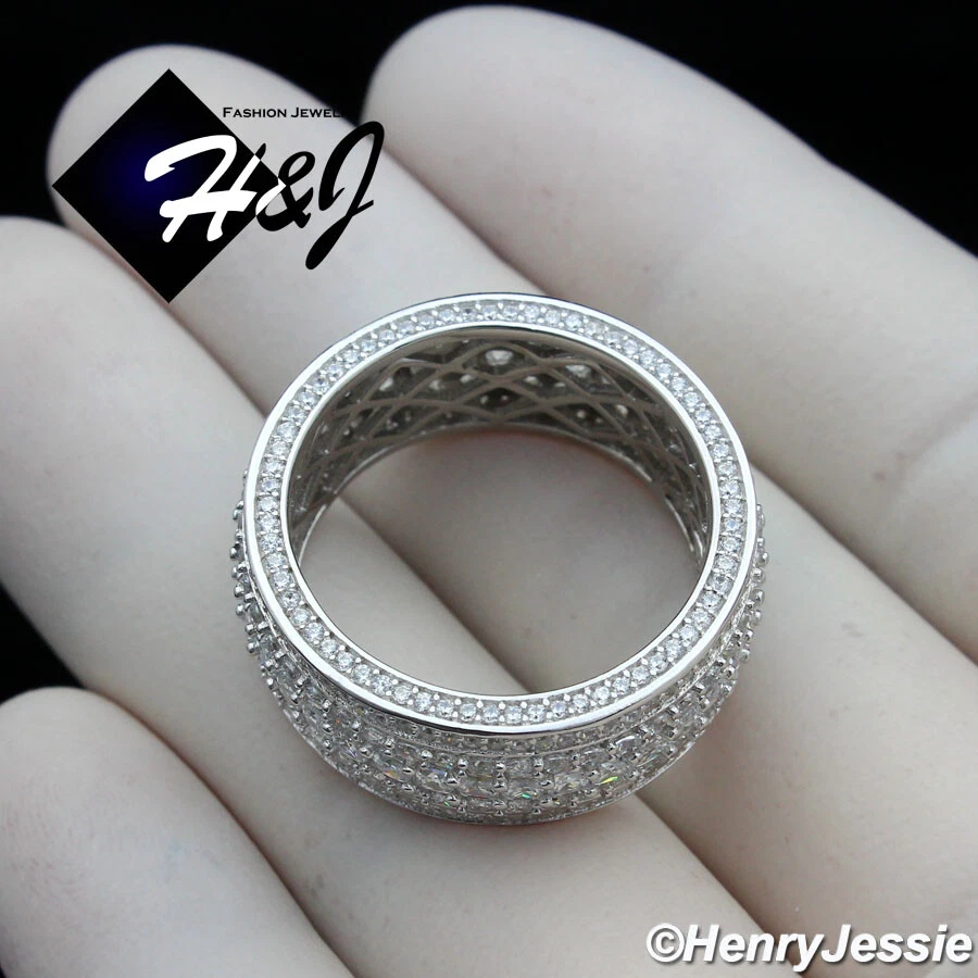 ANILLO ALIANZA DE BODA HOMBRE PLATA ESTERLINA 925 SÓLIDA COMPLETAMENTE HELADO BLING CIRCONITA CÚBICA 10 MM*SR119 Foto 3 de 4